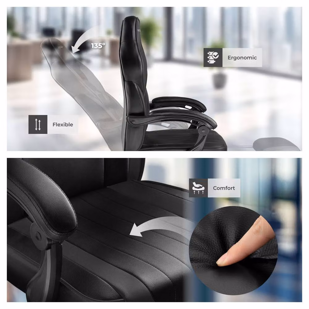 tectake Comodo Gaming Chair in Black with Synthetic Leather, Footrest and Adjustable Backrest – 8