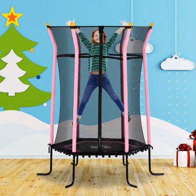 HOMCOM Kids Mini Trampoline with Safety Net in Pink