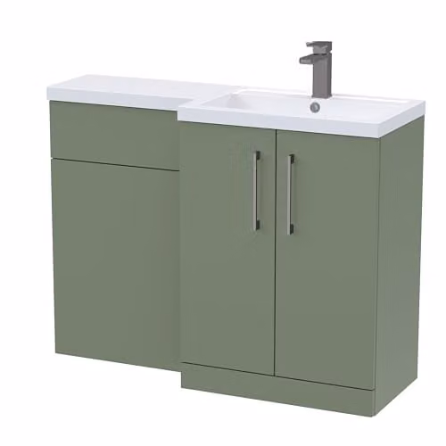 Balterley Green L-Shaped Vanity Unit with WC Unit and Brushed Pewter D Shape Handles, Floor Standing 2 Door Soft Close Bathroom Storage Set