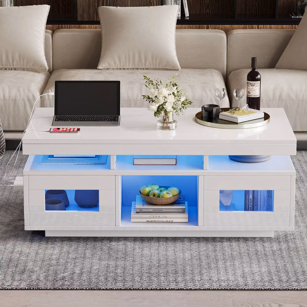 Matteo High Gloss White Rectangular Coffee Table with LED Lights, USB and Storage, W/D/H: 100 x 50 x 43 cm – 2