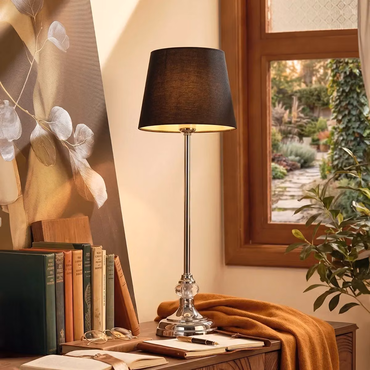 Interiors by Premier Orsina Black and Silver Table Lamp with Crystal Base and Black Fabric Shade – 3