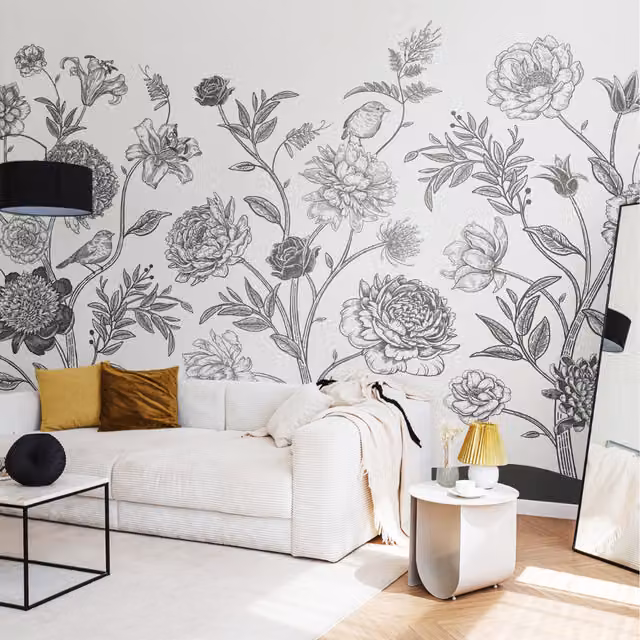 Origin Murals Jacobean Rose Trail Floral Wall Mural in Black and White, Large