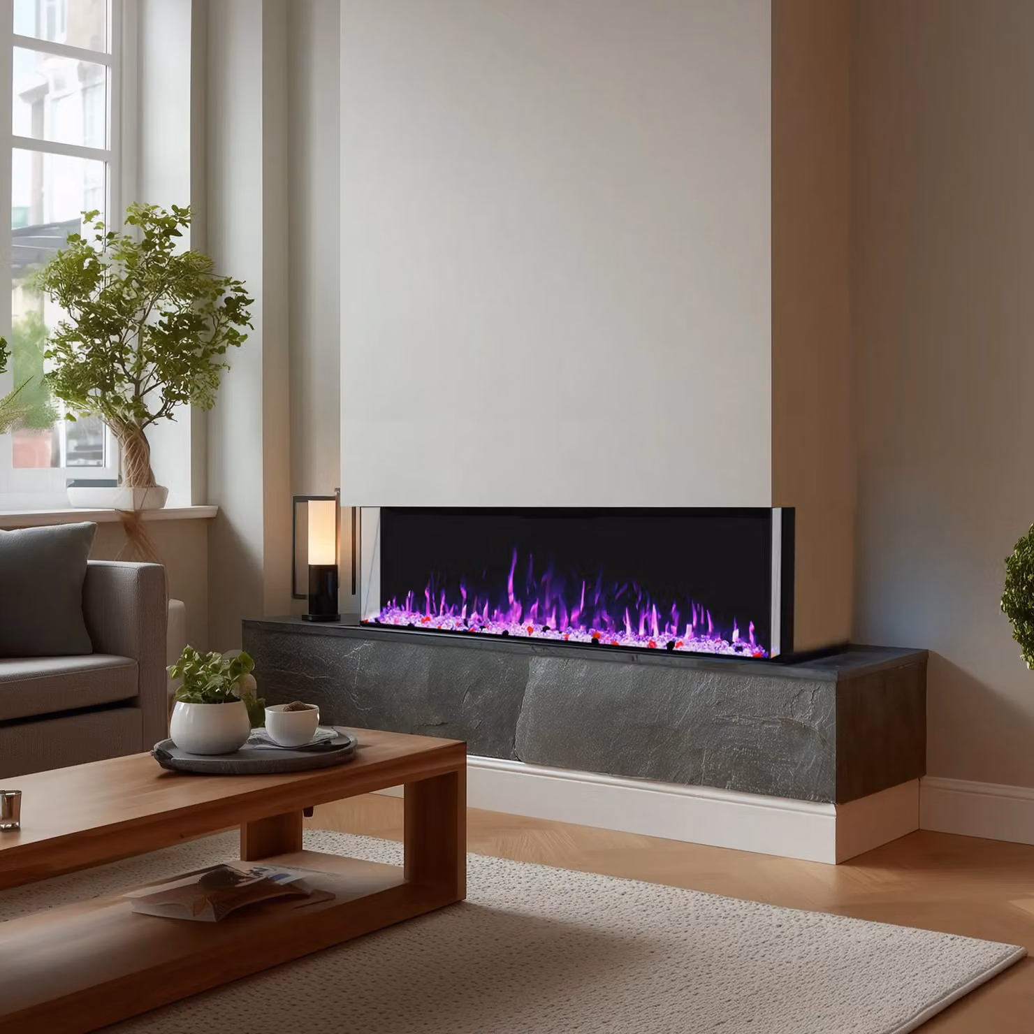 Omni-Burn 3 Sided Electric Fireplace in Black with 13 Colours and Adjustable Brightness, W/D/H: 127 x 25.34 x 68 cm – 8