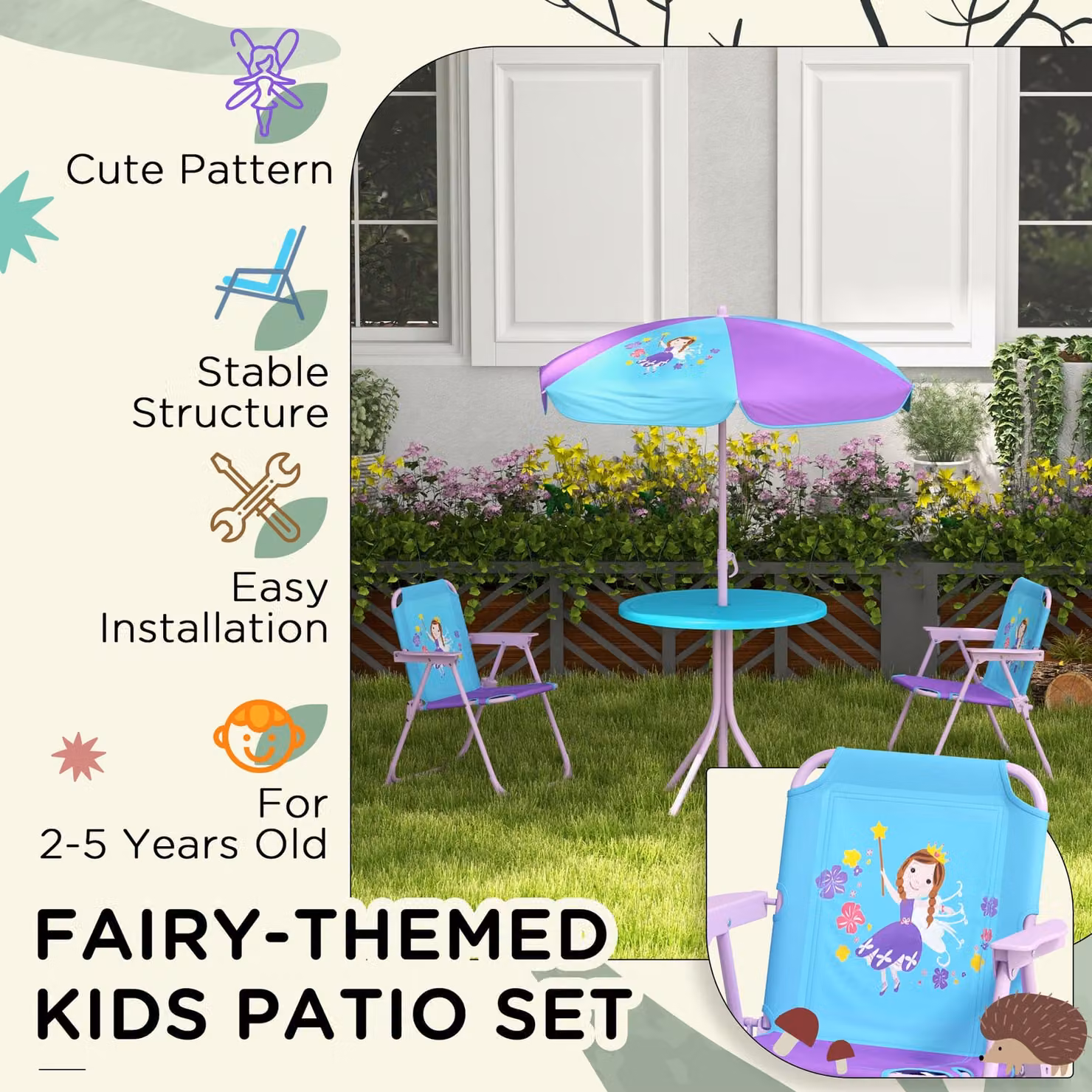 Outsunny Kids Fairy Themed Picnic Table and Chair Set with Foldable Chairs and Adjustable Parasol, Multicolour – 4
