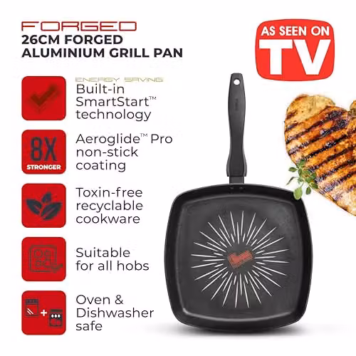 Tower SmartStart Forged Aluminium Non-Stick Grill Pan, Black, 26cm – 2