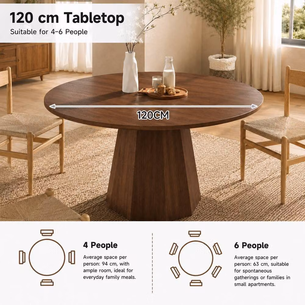 Merax Mid-Century Modern Round Pedestal Dining Table in Brown, W: 120 cm, H: 75 cm – 4
