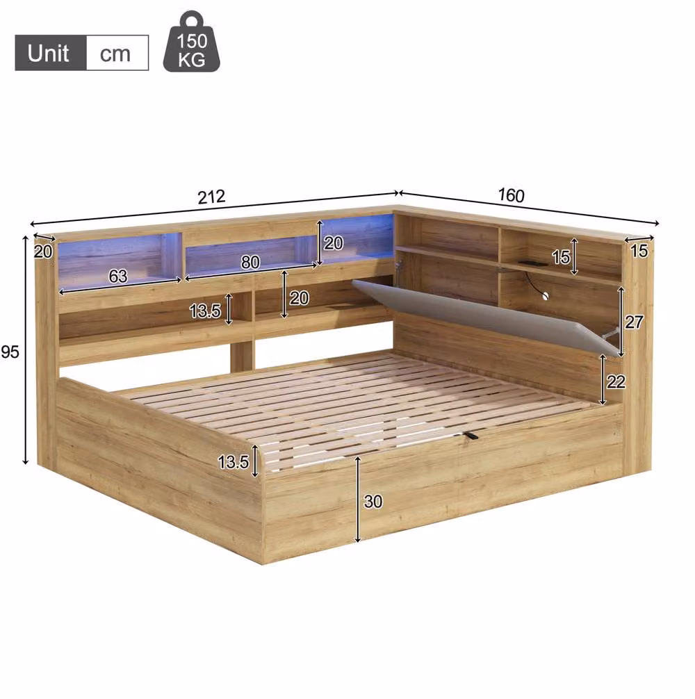 STILVORA Double Bed Frame with Lift Up Storage, USB Charging Port and LED Underbed Lighting in Beige – 2