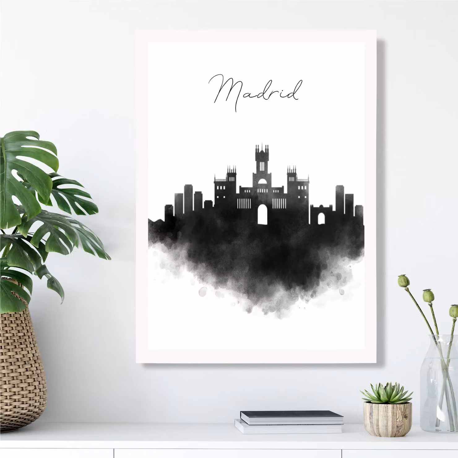 ARTZE Madrid Watercolour Skyline City Framed Print in Black with White Frame, A3 – 2