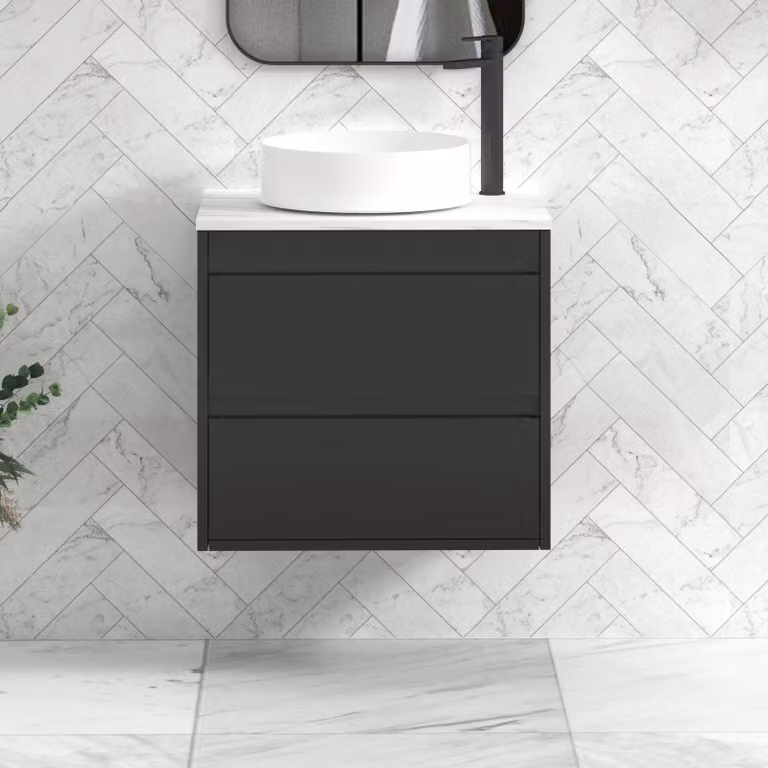 Royal Bathrooms Orion 800mm Matt Obsidian Black Wall Hung Vanity Unit with 2 Drawers, Art Basin and Black Accent Trim