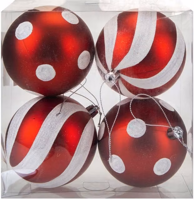 VFM Red and White Candy Cane Striped Baubles (4 Pack) - Christmas Tree Decorations, Diameter: 9 cm