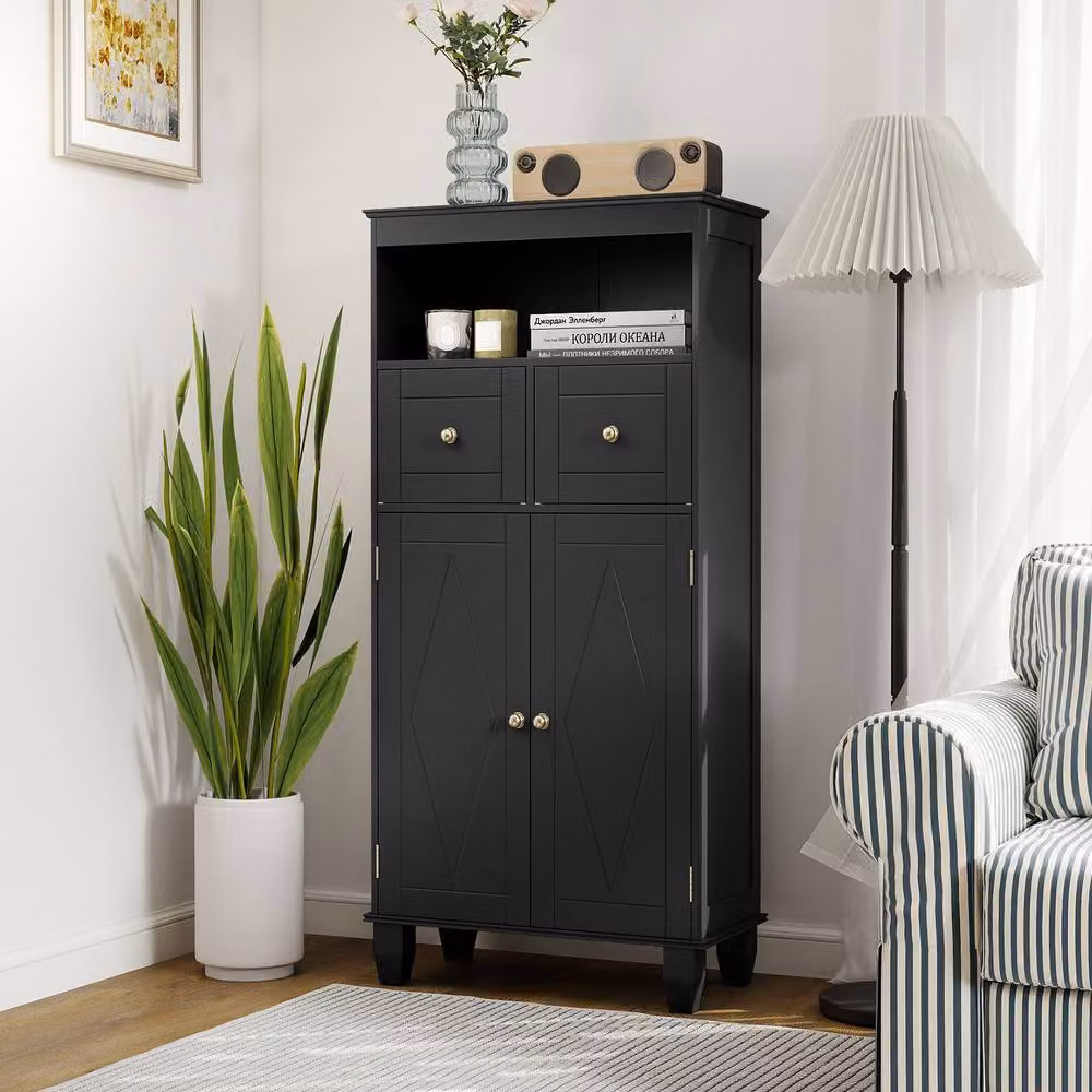 Costway Modern Black Bathroom Floor Storage Cabinet with Drawers and Shelves – 4