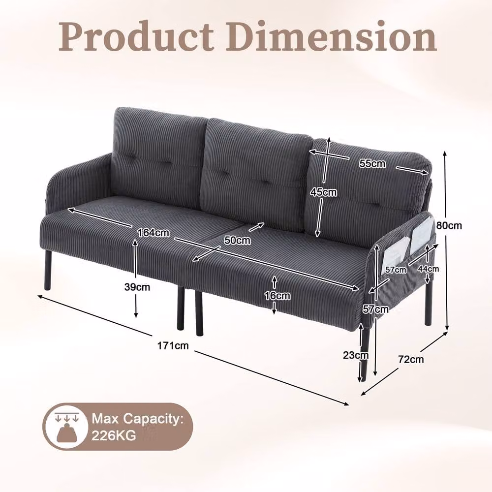 Direct Wicker Oversized Corduroy Loveseat in Grey with Side Pockets and Solid Wood Frame – 2