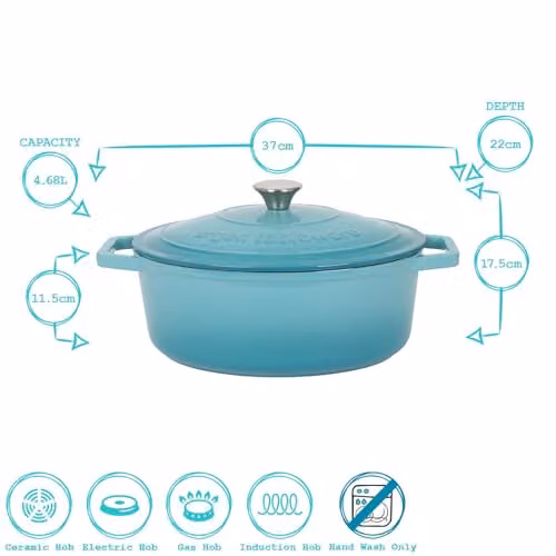 Argon Tableware Oval Enamelled Cast Iron Casserole Dish with Self-Basting Lid, 4.68 l, Turquoise and Petrol – 5