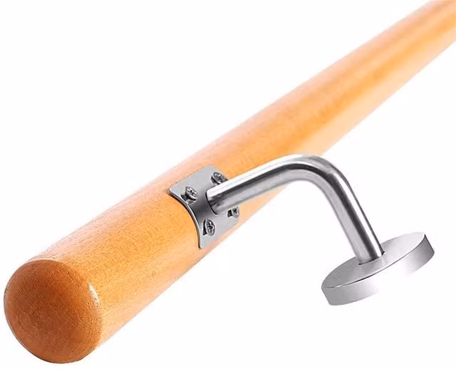 Kelvenix Brown Stainless Steel Round Wall-Mounted Stair Handrail with 3 Brackets, W: 200 cm, H: 52 cm