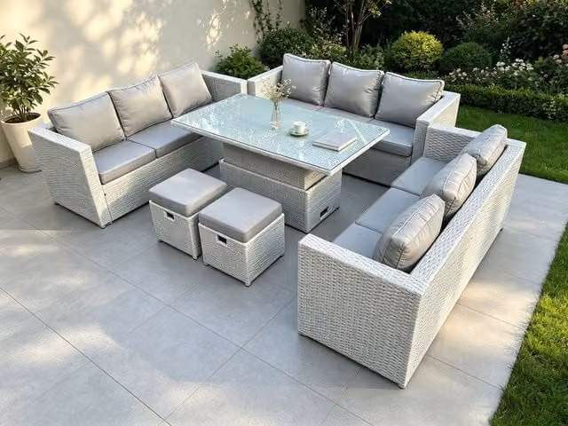 Fimous U-Shape Rattan Garden Furniture Set with Adjustable Lifting Table and 2 Stools in Light Grey