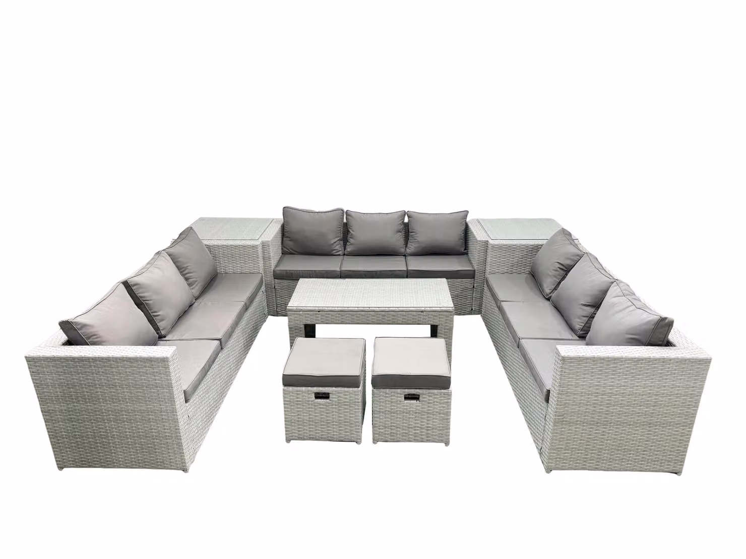 Fimous 11 Seater Rattan Garden Furniture Set in Light Grey with Oblong Coffee Table, 2 Footstools and 2 Side Tables – 2