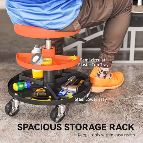HOMCOM Rolling Mechanic Stool with Synthetic Leather Seat and Castors, Yellow/Orange – 7