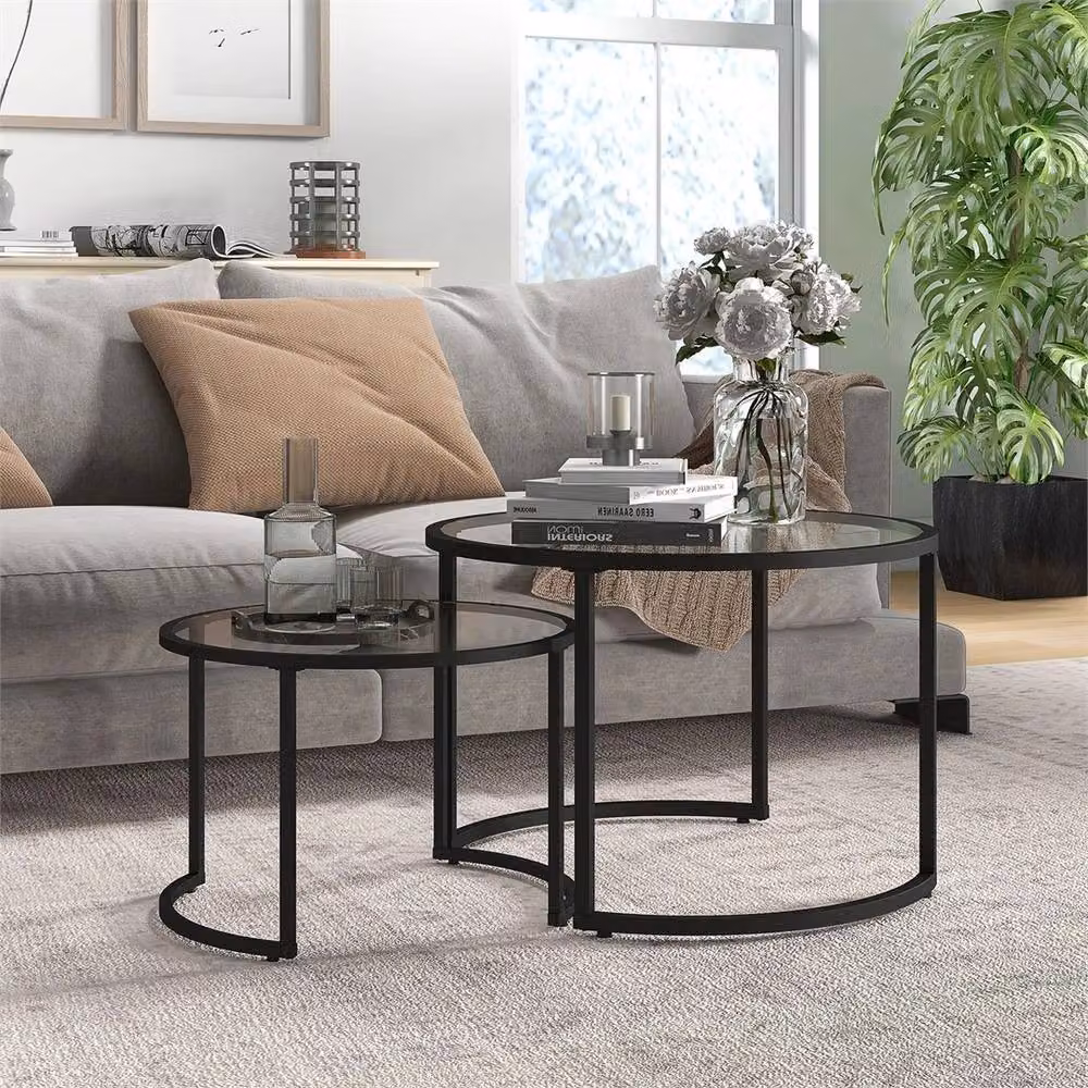Nordara Black Round Nest of 2 Modern Glass Top Coffee Tables – 2