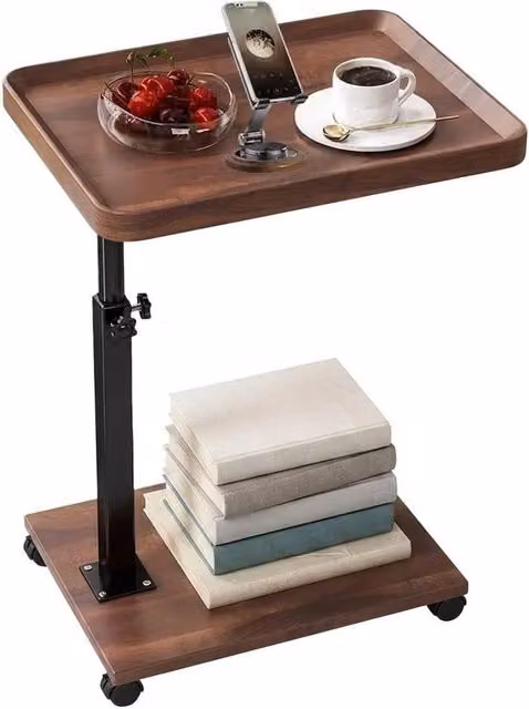 FORGEVIO Adjustable Side Table with Wheels and Rotating Top in Brown, Height: 45 - 80 cm
