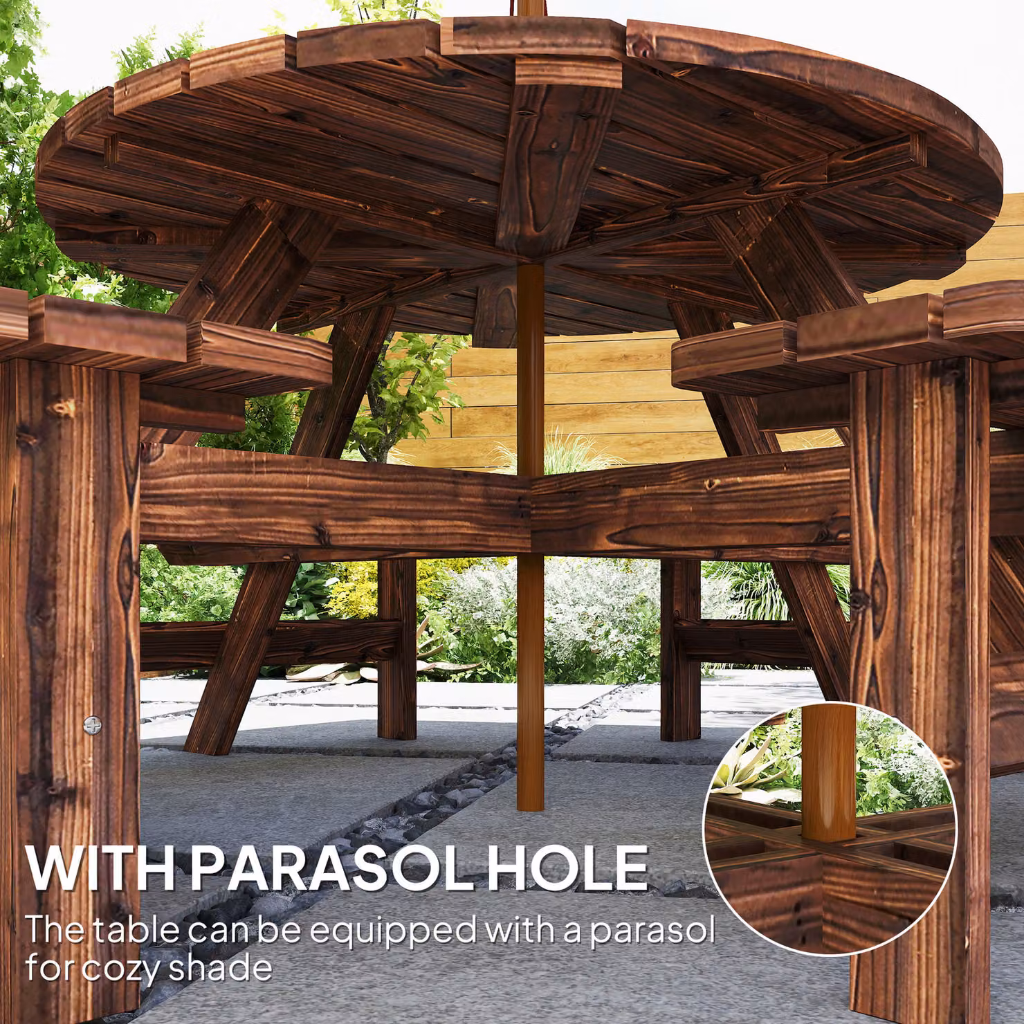 Outsunny 8 Seater Wooden Garden Dining Set with Round Picnic Table and Parasol Hole in Sand Brown – 4