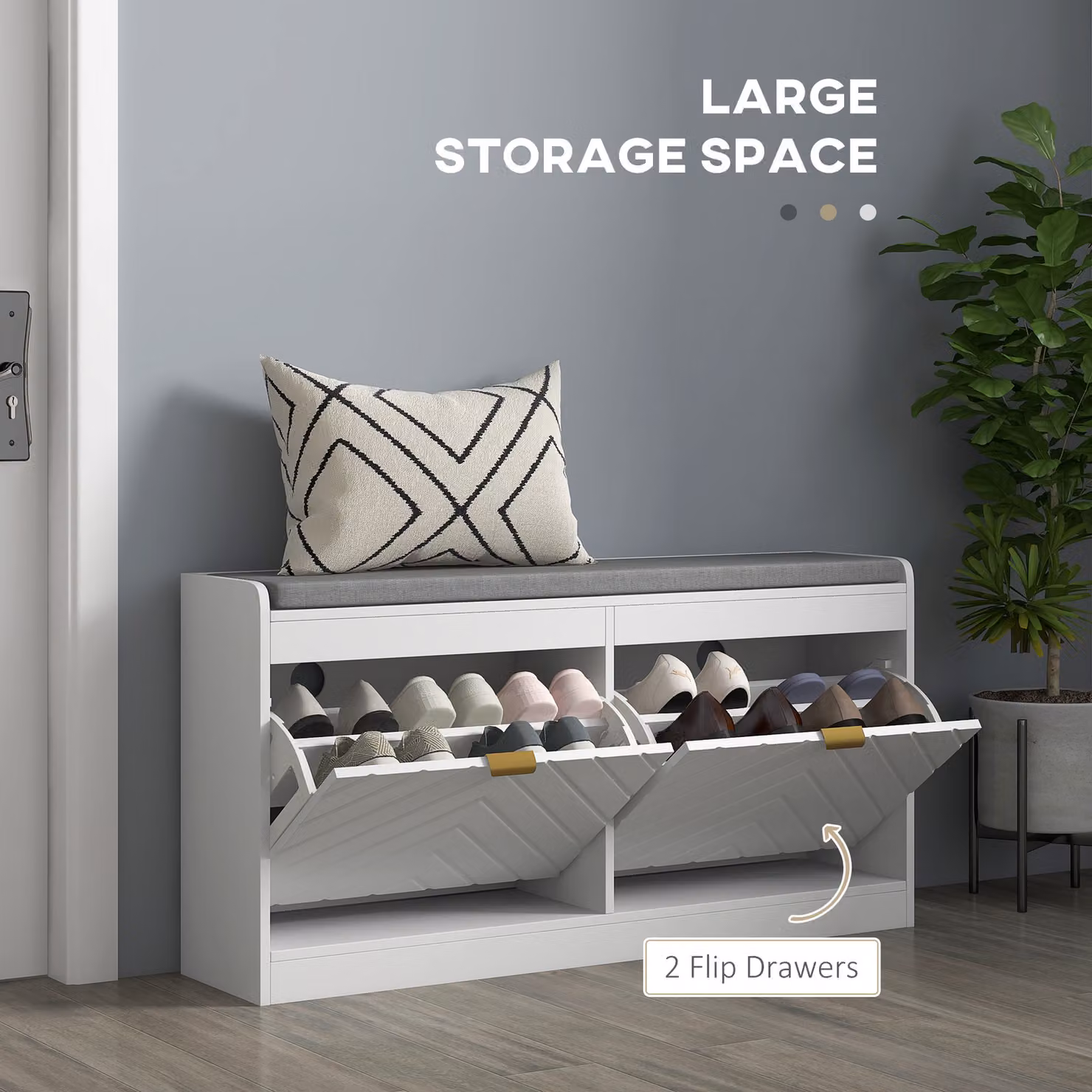HOMCOM Modern Upholstered Shoe Storage Bench with 2 Flip Drawers and 2 Vents in White and Gold – 3