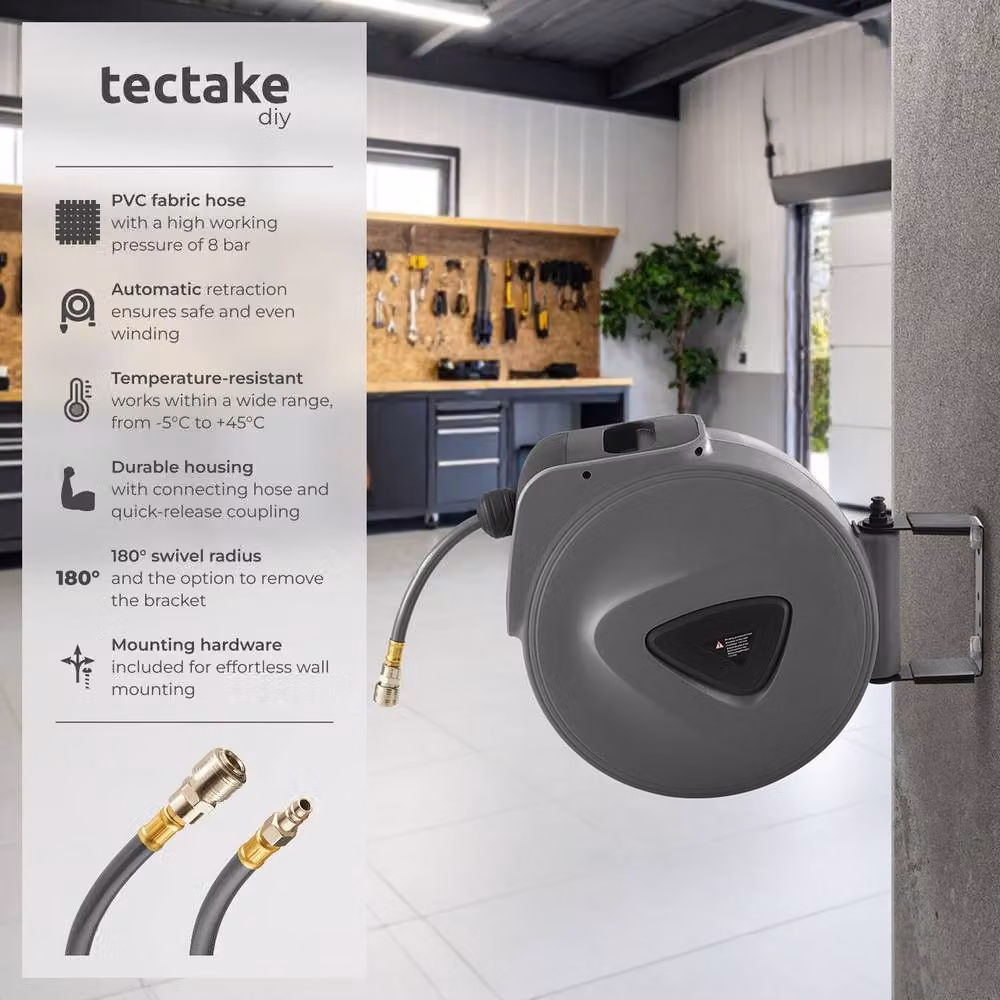 tectake Wall Mounted Compressed Air Hose Reel in Grey, 20m – 2