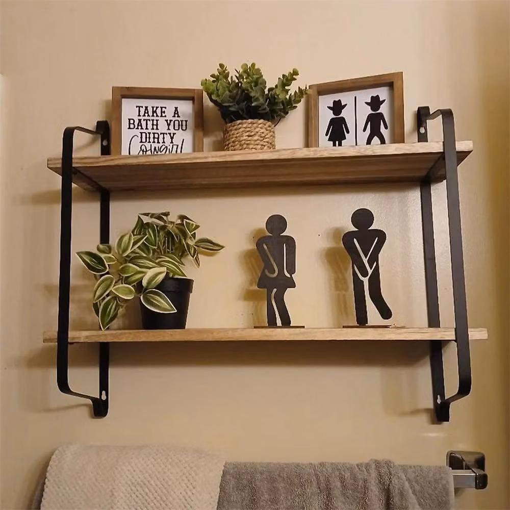 EONLION 2-Tier Rustic Wood and Metal Wall Mounted Hanging Shelves with Rod, Brown, W: 50 cm – 3