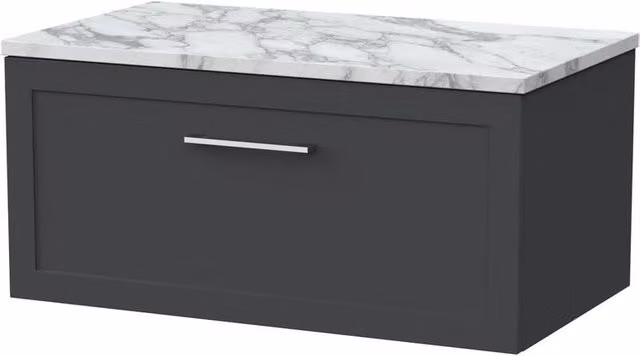Balterley Stonnall 1 Drawer Wall Mounted Bathroom Vanity with Carrera Stone Top, Dark Grey, Width: 80 cm