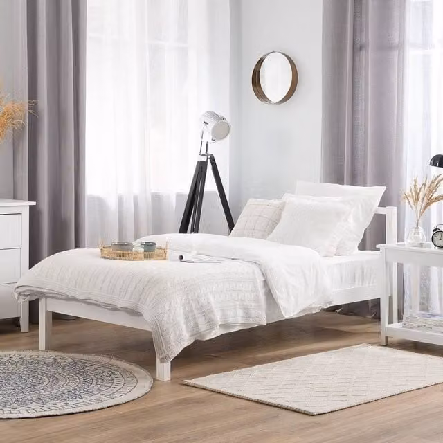Wyld and Coco White Lacquered Solid Pine Single Bed Frame with Slatted Base, W/D/H: 90 x 200 cm
