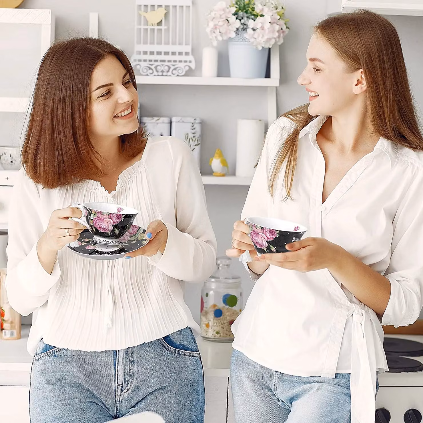 London Boutique Black Floral New Bone China Tea Cup and Saucer Set of 2 – 6