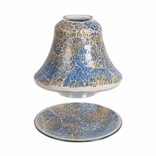 Aroma Accessories Blue and Gold Crackle Mosaic Glass Jar Candle Shade and Tray Set – 1