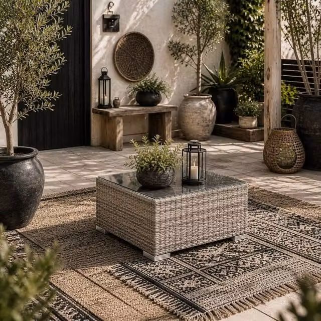 Wyld Haus Vimito Square Rattan Outdoor Side Table with Glass Top, Light Grey