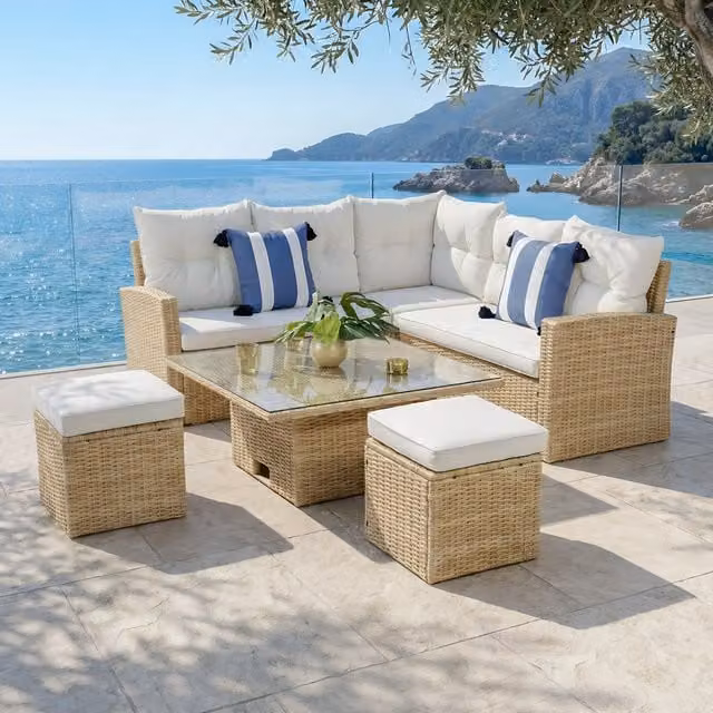 Home Garden Direct St Tropez Garden Corner Sofa Set with Rising Table in Natural Rattan and Glass with Metal Frame