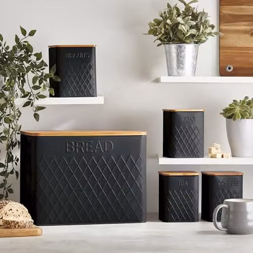 Cooks Professional 5 Piece Black Stainless Steel Square Kitchen Storage Cannister Set with Bamboo Lids and Geometric Diamond Pattern Labels – 5