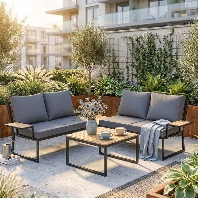 Outsunny 4 Seater Metal and Teak Wood Garden Furniture Sofa Set with Nesting Tables in Brown and Grey