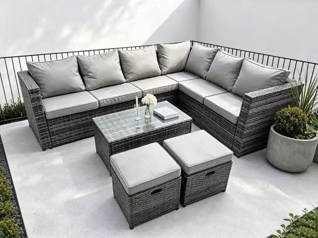 Fimous 8 Seater Rattan Corner Sofa Set with Coffee Table and Ottomans in Dark Grey – 2
