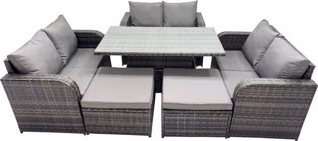 Fimous 8-Seater Patio Sofa Set with Height Adjustable Rising Lifting Table in Dark Grey