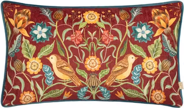 Evans Lichfield Hawthorn Birds Chenille Rectangular Cushion in Red, W/D/H: 50 x 30 x 1 cm