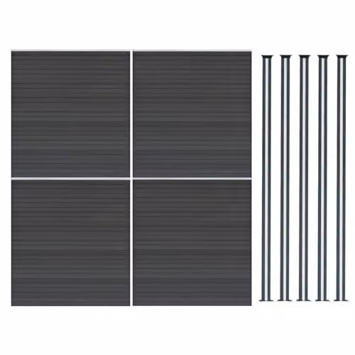 Monster Shop Grey Double Sided Wood Grain Slatted Composite Fence Panel and Aluminium Post Set with Solar Powered LED Lighting, W: 699 cm, H: 185 cm – 1