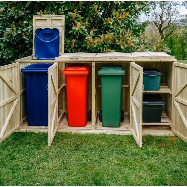 Buttercup Farm Shireburn Bin Store in Natural Wood and Galvanised Steel, Fits 3x 180L/240L Wheelie Bins and 2x Boxes – 1