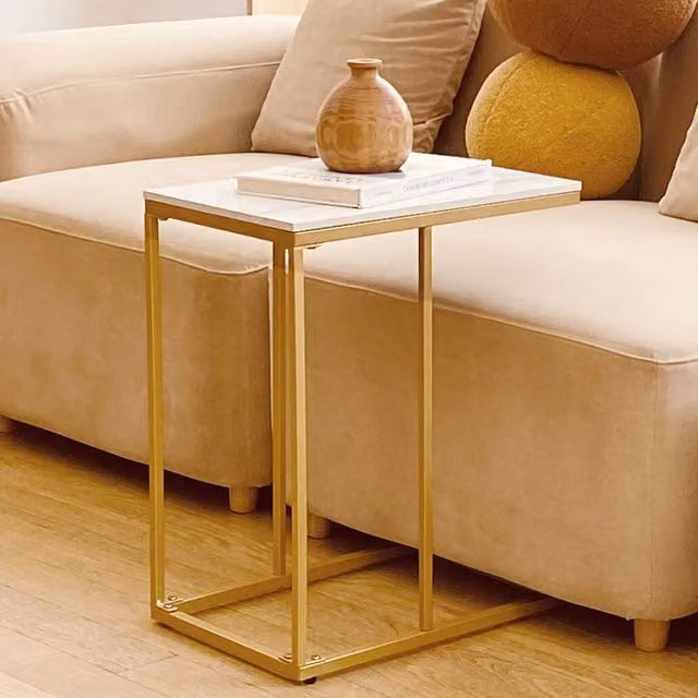 KORVIXA C Side Coffee End Table and Over Bed Laptop Table with Gold Metal Legs in White
