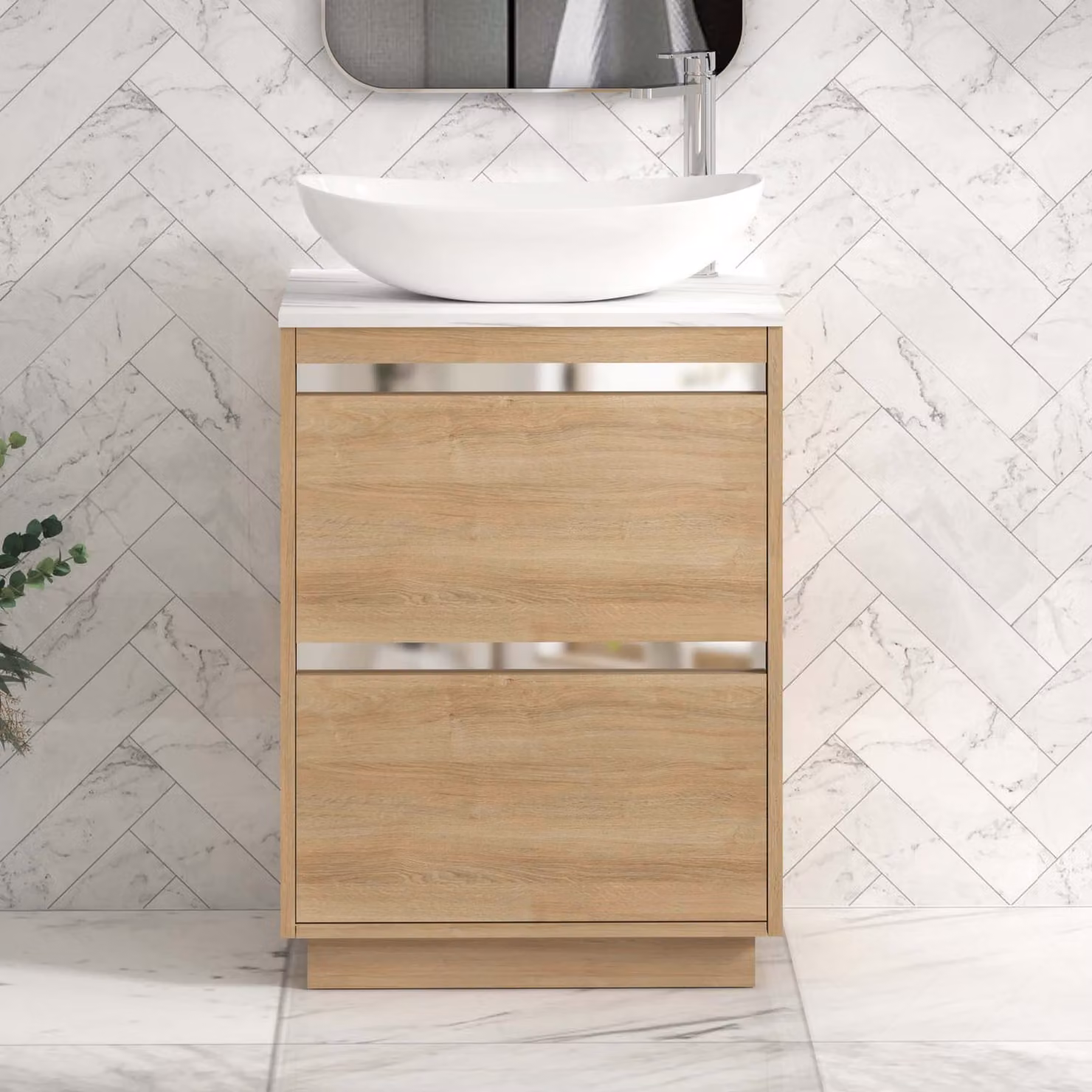 Royal Bathrooms Orion 600mm Natural Oak Floor Standing 2 Drawer Vanity Unit with Cesar Basin and Chrome Accent Trim