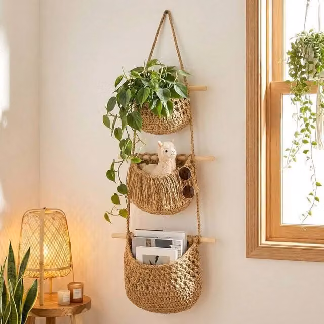 EONLION Brown 3-Tier Wall Hanging Cotton Rope Storage Basket
