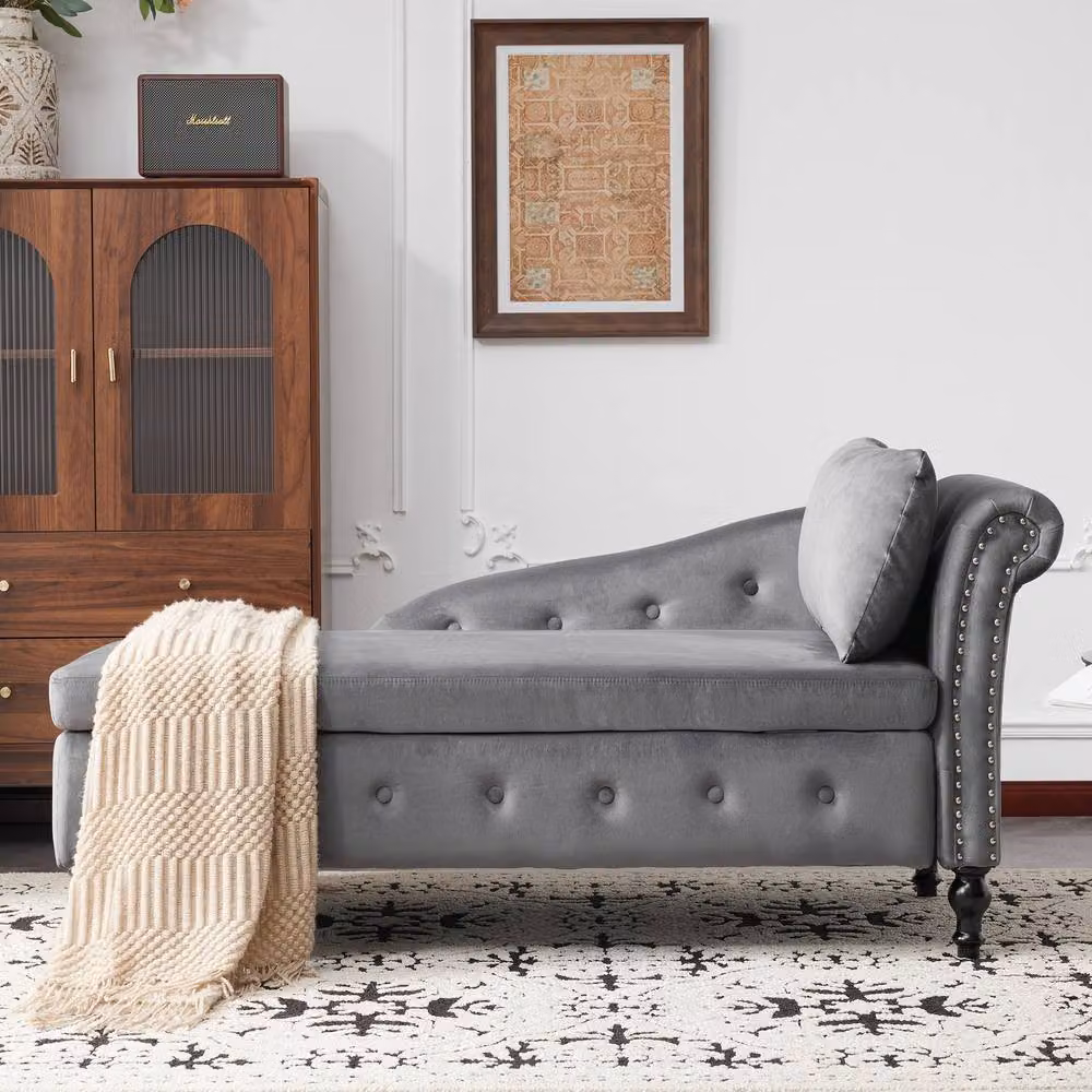 Matteo Velvet Chaise Lounge Sofa with Storage, Grey – 2