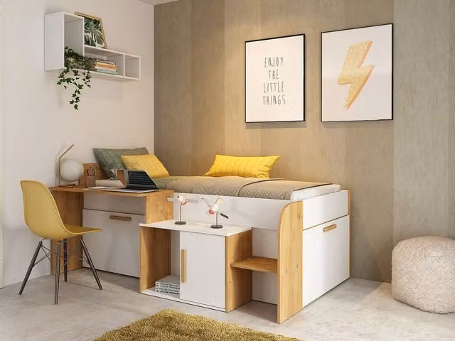 Vente-unique Single Combination Bed with Desk, Storage Drawers and Stairs in White, W/D/H: 200 x 90 x 134.6 cm – 1