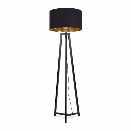 ValueLights Black Wood Tripod Floor Lamp with Black and Gold Drum Lampshade and Included LED Bulb