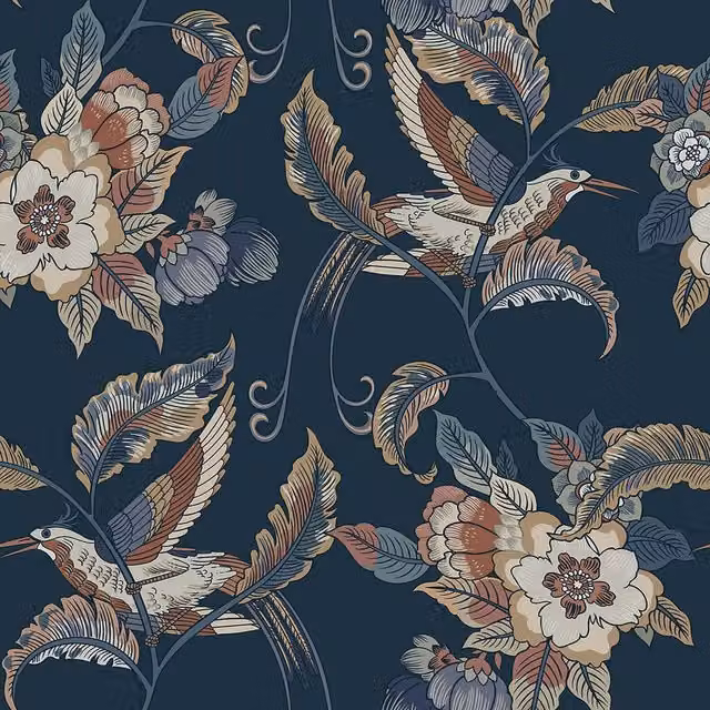 I Love Wallpaper Beautiful Birds Art Nouveau Wallpaper in Blue and Yellow