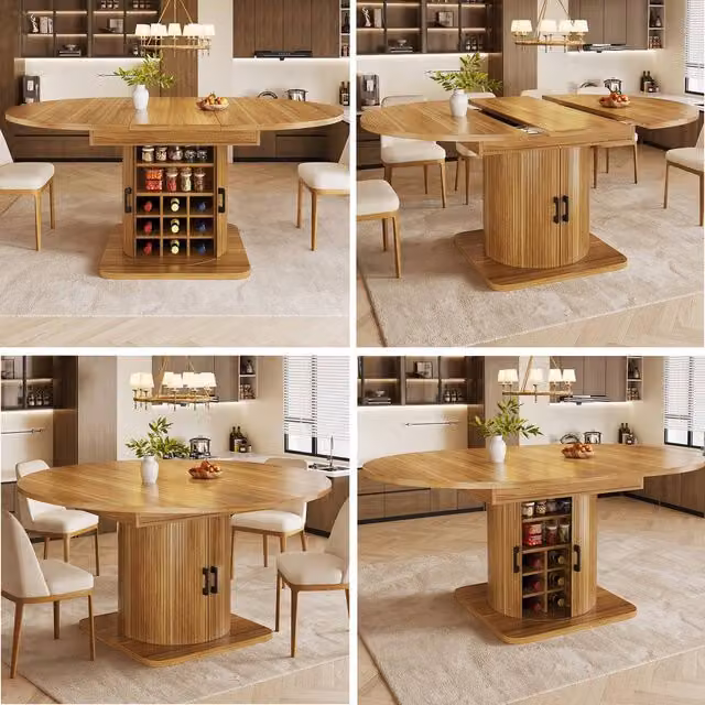 BTM Extendable Folding Kitchen Dining Table with Wine Rack Storage, Brown, W/D/H: 118 x 76 x 76 cm