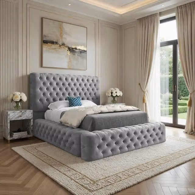 KDMD Lockerbie Grey Pleated Upholstered Chesterfield Designer Bed Frame W/D/H: 180 x 200 cm