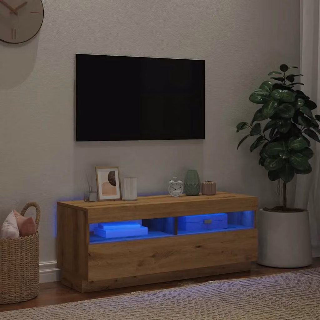 Berkfield Home Modern TV Cabinet with LED Lights in Artisan Oak, W/D/H: 100 x 35 x 40 cm – 3